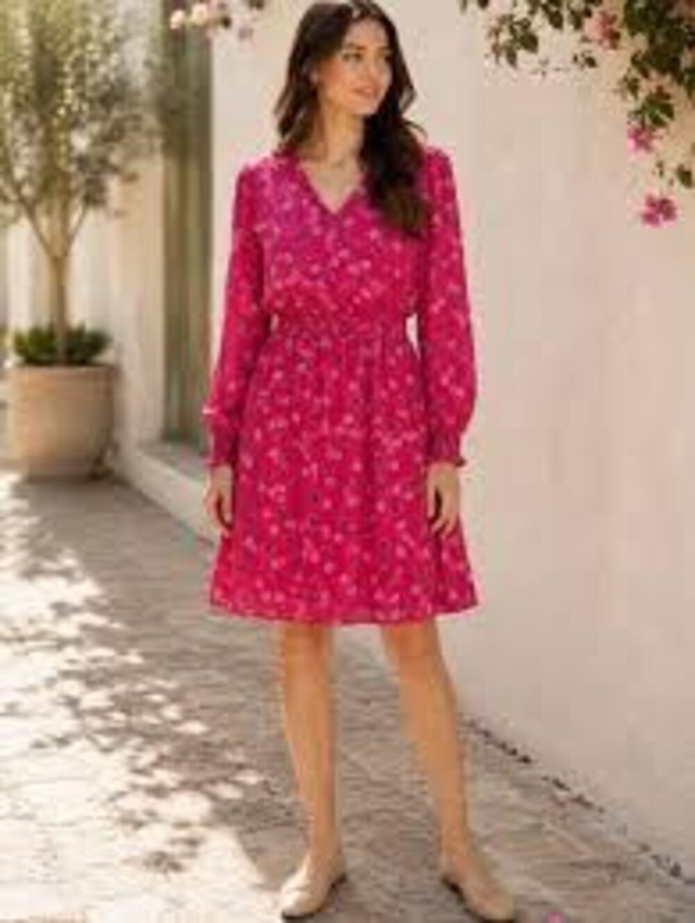 Loft Long Sleeve Floral Blouson Dress Bright Red Pink Above Knee V-Neck Size S